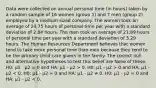 Data were collected on annual personal time (in hours) taken by a random sample of 16 women (group 1) and 7 men (group 2) employed by a medium sized company. The women took an average of 24.75 hours of personal time per year with a standard deviation of 2.84 hours. The men took an average of 21.89 hours of personal time per year with a standard deviation of 3.29 hours. The Human Resources Department believes that women tend to take more personal time than men because they tend to be the primary child care givers in the family. The correct null and alternative hypotheses to test this belief are None of these. H0: μ1 - μ2 = 0 and HA: μ1 - μ2 > 0. H0: μ1 - μ2 > 0 and HA: μ1 - μ2 < 0. H0: μ1 - μ2 = 0 and HA: μ1 - μ2 ≠ 0. H0: μ1 - μ2 = 0 and HA: μ1 - μ2 < 0.