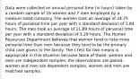 Data were collected on annual personal time (in hours) taken by a random sample of 16 women and 7 men employed by a medium sized company. The women took an average of 24.75 hours of personal time per year with a standard deviation of 2.84 hours. The men took an average of 21.89 hours of personal time per year with a standard deviation of 3.29 hours. The Human Resources Department believes that women tend to take more personal time than men because they tend to be the primary child care givers in the family. The t-test for two means is appropriate in this situation because None of these. women and men are independent samples. the observations are paired. women and men are dependent samples. women and men are matched samples.