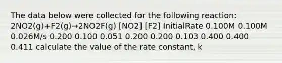 The data below were collected for the following reaction: 2NO2(g)+F2(g)→2NO2F(g) [NO2] [F2] InitialRate 0.100M 0.100M 0.026M/s 0.200 0.100 0.051 0.200 0.200 0.103 0.400 0.400 0.411 calculate the value of the rate constant, k