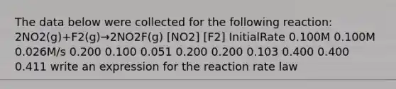 The data below were collected for the following reaction: 2NO2(g)+F2(g)→2NO2F(g) [NO2] [F2] InitialRate 0.100M 0.100M 0.026M/s 0.200 0.100 0.051 0.200 0.200 0.103 0.400 0.400 0.411 write an expression for the reaction rate law