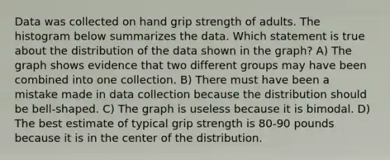 Data was collected on hand grip strength of adults. The histogram below summarizes the data. Which statement is true about the distribution of the data shown in the graph? A) The graph shows evidence that two different groups may have been combined into one collection. B) There must have been a mistake made in data collection because the distribution should be bell-shaped. C) The graph is useless because it is bimodal. D) The best estimate of typical grip strength is 80-90 pounds because it is in the center of the distribution.