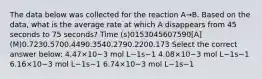 The data below was collected for the reaction A→B. Based on the data, what is the average rate at which A disappears from 45 seconds to 75 seconds? Time (s)0153045607590[A] (M)0.7230.5700.4490.3540.2790.2200.173 Select the correct answer below: 4.47×10−3 mol L−1s−1 4.08×10−3 mol L−1s−1 6.16×10−3 mol L−1s−1 6.74×10−3 mol L−1s−1