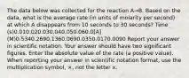 The data below was collected for the reaction A→B. Based on the data, what is the average rate (in units of molarity per second) at which A disappears from 10 seconds to 30 seconds? Time (s)0.010.020.030.040.050.060.0[A] (M)0.5340.2690.1360.0690.0350.0170.0090 Report your answer in scientific notation. Your answer should have two significant figures. Enter the absolute value of the rate (a positive value). When reporting your answer in scientific notation format, use the multiplication symbol, ×, not the letter x.