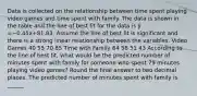 Data is collected on the relationship between time spent playing video games and time spent with family. The data is shown in the table and the line of best fit for the data is ŷ =−0.45x+81.83. Assume the line of best fit is significant and there is a strong linear relationship between the variables. Video Games 40 55 70 85 Time with Family 64 56 51 43 According to the line of best fit, what would be the predicted number of minutes spent with family for someone who spent 79 minutes playing video games? Round the final answer to two decimal places. The predicted number of minutes spent with family is ______