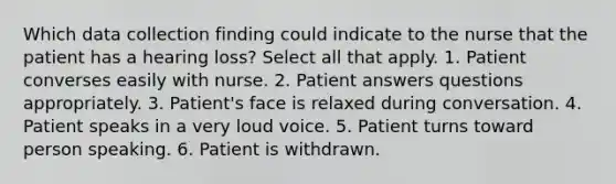 Which data collection finding could indicate to the nurse that the patient has a hearing loss? Select all that apply. 1. Patient converses easily with nurse. 2. Patient answers questions appropriately. 3. Patient's face is relaxed during conversation. 4. Patient speaks in a very loud voice. 5. Patient turns toward person speaking. 6. Patient is withdrawn.