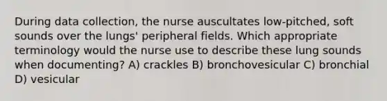 During data collection, the nurse auscultates low-pitched, soft sounds over the lungs' peripheral fields. Which appropriate terminology would the nurse use to describe these lung sounds when documenting? A) crackles B) bronchovesicular C) bronchial D) vesicular