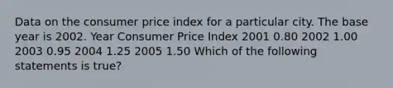 Data on the consumer price index for a particular city. The base year is 2002. Year Consumer Price Index 2001 0.80 2002 1.00 2003 0.95 2004 1.25 2005 1.50 Which of the following statements is true?