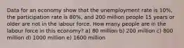 Data for an economy show that the unemployment rate is 10%, the participation rate is 80%, and 200 million people 15 years or older are not in the labour force. How many people are in the labour force in this economy? a) 80 million b) 200 million c) 800 million d) 1000 million e) 1600 million