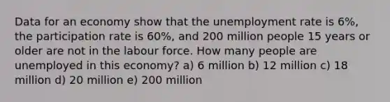 Data for an economy show that the unemployment rate is 6%, the participation rate is 60%, and 200 million people 15 years or older are not in the labour force. How many people are unemployed in this economy? a) 6 million b) 12 million c) 18 million d) 20 million e) 200 million