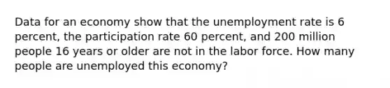 Data for an economy show that the <a href='https://www.questionai.com/knowledge/kh7PJ5HsOk-unemployment-rate' class='anchor-knowledge'>unemployment rate</a> is 6 percent, the participation rate 60 percent, and 200 million people 16 years or older are not in the labor force. How many people are unemployed this economy?