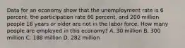 Data for an economy show that the unemployment rate is 6 percent, the participation rate 60 percent, and 200 million people 16 years or older are not in the labor force. How many people are employed in this economy? A. 30 million B. 300 million C. 188 million D. 282 million