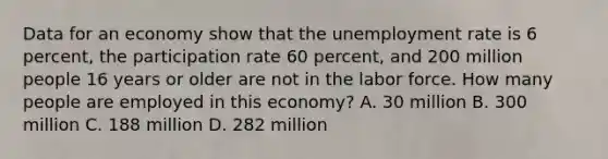 Data for an economy show that the unemployment rate is 6 percent, the participation rate 60 percent, and 200 million people 16 years or older are not in the labor force. How many people are employed in this economy? A. 30 million B. 300 million C. 188 million D. 282 million