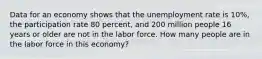 Data for an economy shows that the unemployment rate is 10%, the participation rate 80 percent, and 200 million people 16 years or older are not in the labor force. How many people are in the labor force in this economy?