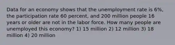 Data for an economy shows that the <a href='https://www.questionai.com/knowledge/kh7PJ5HsOk-unemployment-rate' class='anchor-knowledge'>unemployment rate</a> is 6%, the participation rate 60 percent, and 200 million people 16 years or older are not in the labor force. How many people are unemployed this economy? 1) 15 million 2) 12 million 3) 18 million 4) 20 million