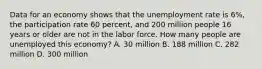 Data for an economy shows that the unemployment rate is 6%, the participation rate 60 percent, and 200 million people 16 years or older are not in the labor force. How many people are unemployed this economy? A. 30 million B. 188 million C. 282 million D. 300 million