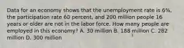 Data for an economy shows that the unemployment rate is 6%, the participation rate 60 percent, and 200 million people 16 years or older are not in the labor force. How many people are employed in this economy? A. 30 million B. 188 million C. 282 million D. 300 million