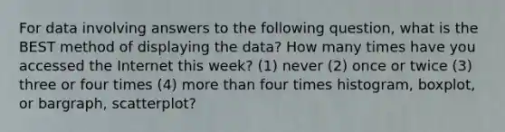 For data involving answers to the following question, what is the BEST method of displaying the data? How many times have you accessed the Internet this week? (1) never (2) once or twice (3) three or four times (4) more than four times histogram, boxplot, or bargraph, scatterplot?