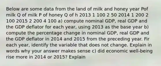 Below are some data from the land of milk and honey year Pof milk Q of milk P of honey Q of h 2013 1 100 2 50 2014 1 200 2 100 2015 2 200 4 100 a) compute nominal GDP, real GDP and the GDP deflator for each year, using 2013 as the base year b) compute the percentage change in nominal GDP, real GDP and the GDP deflator in 2014 and 2015 from the preceding year. Fir each year, identify the variable that does not change. Explain in words why your answer makes sense c) did economic well-being rise more in 2014 or 2015? Explain