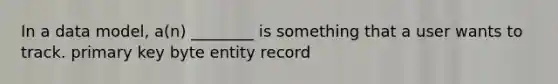 In a data model, a(n) ________ is something that a user wants to track. primary key byte entity record