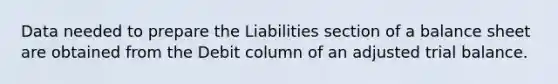 Data needed to prepare the Liabilities section of a balance sheet are obtained from the Debit column of an adjusted trial balance.