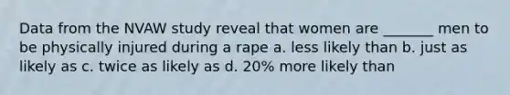 Data from the NVAW study reveal that women are _______ men to be physically injured during a rape a. less likely than b. just as likely as c. twice as likely as d. 20% more likely than