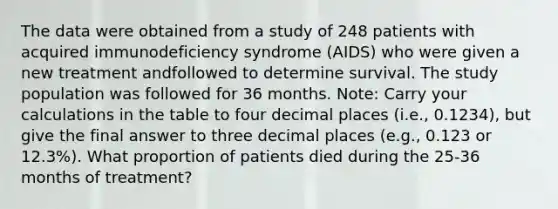 The data were obtained from a study of 248 patients with acquired immunodeficiency syndrome (AIDS) who were given a new treatment andfollowed to determine survival. The study population was followed for 36 months. Note: Carry your calculations in the table to four decimal places (i.e., 0.1234), but give the final answer to three decimal places (e.g., 0.123 or 12.3%). What proportion of patients died during the 25-36 months of treatment?