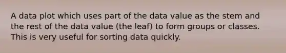 A data plot which uses part of the data value as the stem and the rest of the data value (the leaf) to form groups or classes. This is very useful for sorting data quickly.