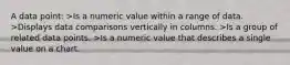 A data point: >Is a numeric value within a range of data. >Displays data comparisons vertically in columns. >Is a group of related data points. >Is a numeric value that describes a single value on a chart.