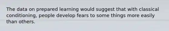 The data on prepared learning would suggest that with classical conditioning, people develop fears to some things more easily than others.