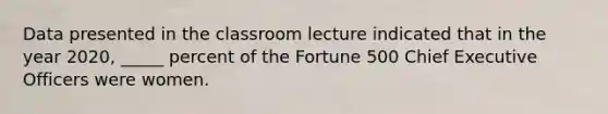 Data presented in the classroom lecture indicated that in the year 2020, _____ percent of the Fortune 500 Chief Executive Officers were women.