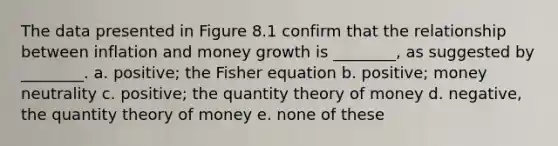 The data presented in Figure 8.1 confirm that the relationship between inflation and money growth is ________, as suggested by ________. a. positive; the Fisher equation b. positive; money neutrality c. positive; the quantity theory of money d. negative, the quantity theory of money e. none of these