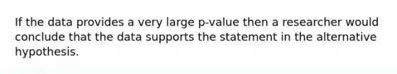 If the data provides a very large p-value then a researcher would conclude that the data supports the statement in the alternative hypothesis.