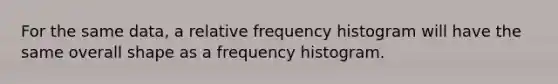 For the same data, a relative frequency histogram will have the same overall shape as a frequency histogram.