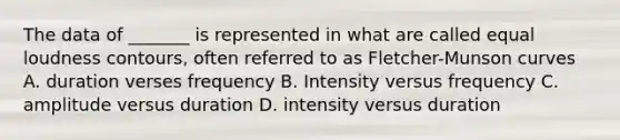 The data of _______ is represented in what are called equal loudness contours, often referred to as Fletcher-Munson curves A. duration verses frequency B. Intensity versus frequency C. amplitude versus duration D. intensity versus duration