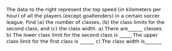 The data to the right represent the top speed​ (in kilometers per​ hour) of all the players​ (except goaltenders) in a certain soccer league. Find ​(a) the number of​ classes, ​(b) the class limits for the second ​class, and ​(c) the class width. a) There are______ classes b) The lower class limit for the second class is _____ The upper class limit for the first class is ______ c) The class width is_______