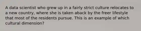 A data scientist who grew up in a fairly strict culture relocates to a new country, where she is taken aback by the freer lifestyle that most of the residents pursue. This is an example of which cultural dimension?