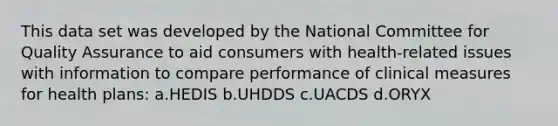 This data set was developed by the National Committee for Quality Assurance to aid consumers with health-related issues with information to compare performance of clinical measures for health plans: a.HEDIS b.UHDDS c.UACDS d.ORYX