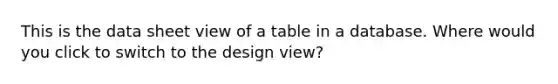 This is the data sheet view of a table in a database. Where would you click to switch to the design view?