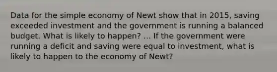 Data for the simple economy of Newt show that in​ 2015, saving exceeded investment and the government is running a balanced budget. What is likely to​ happen? ... If the government were running a deficit and saving were equal to investment​, what is likely to happen to the economy of​ Newt?