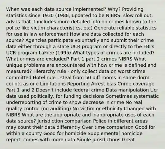 When was each data source implemented? Why? Providing statistics since 1930 (1988, updated to be NIBRS- slow roll out, adv is that it includes more detailed info on crimes known to the police like victim characteristics, etc) Generate reliable statistics for use in law enforcement How are data collected for each source? Agencies participate voluntarily and submit their crime data either through a state UCR program or directly to the FBI's UCR program LaFree (1995) What types of crimes are included? What crimes are excluded? Part 1 part 2 crimes NIBRS What unique problems are encountered with how crime is defined and measured? Hierarchy rule - only collect data on worst crime committed Hotel rule - steal from 50 diff rooms in same dorm - counts as one Limitations Reporting Arrest bias Crime coverage Part 1 and 2 Doesn't include federal crime Data manipulation Ucr data used politically, for funding decisions Sometimes systematic underreporting of crime to show decrease in crime No real quality control (no auditing) No victim or ethnicity Changed with NIBRS What are the appropriate and inappropriate uses of each data source? Jurisdiction comparison Police in different areas may count their data differently Over time comparison Good for within a county Good for homicide Supplemental homicide report, comes with more data Single jurisdictions Great