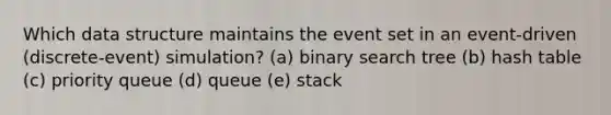 Which data structure maintains the event set in an event-driven (discrete-event) simulation? (a) binary search tree (b) hash table (c) priority queue (d) queue (e) stack