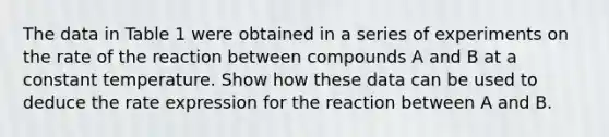 The data in Table 1 were obtained in a series of experiments on the rate of the reaction between compounds A and B at a constant temperature. Show how these data can be used to deduce the rate expression for the reaction between A and B.