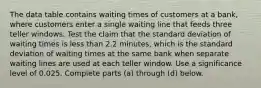 The data table contains waiting times of customers at a​ bank, where customers enter a single waiting line that feeds three teller windows. Test the claim that the standard deviation of waiting times is less than 2.2 ​minutes, which is the standard deviation of waiting times at the same bank when separate waiting lines are used at each teller window. Use a significance level of 0.025. Complete parts​ (a) through​ (d) below.