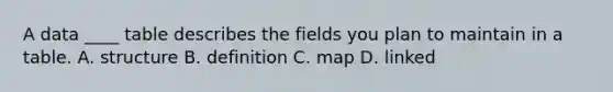 A data ____ table describes the fields you plan to maintain in a table. A. structure B. definition C. map D. linked