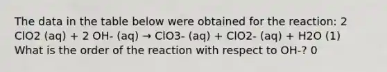 The data in the table below were obtained for the reaction: 2 ClO2 (aq) + 2 OH- (aq) → ClO3- (aq) + ClO2- (aq) + H2O (1) What is the order of the reaction with respect to OH-? 0