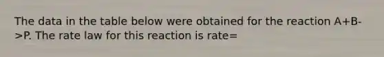 The data in the table below were obtained for the reaction A+B->P. The rate law for this reaction is rate=