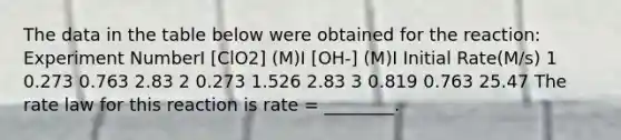 The data in the table below were obtained for the reaction: Experiment NumberI [ClO2] (M)I [OH-] (M)I Initial Rate(M/s) 1 0.273 0.763 2.83 2 0.273 1.526 2.83 3 0.819 0.763 25.47 The rate law for this reaction is rate = ________.