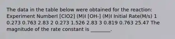 The data in the table below were obtained for the reaction: Experiment NumberI [ClO2] (M)I [OH-] (M)I Initial Rate(M/s) 1 0.273 0.763 2.83 2 0.273 1.526 2.83 3 0.819 0.763 25.47 The magnitude of the rate constant is ________.