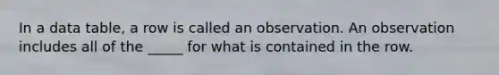 In a data table, a row is called an observation. An observation includes all of the _____ for what is contained in the row.