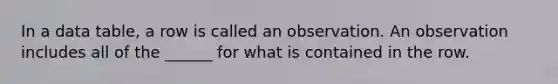 In a data table, a row is called an observation. An observation includes all of the ______ for what is contained in the row.
